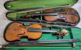 A German violin 1/10, mother of pearl inlaid bow, fitted case for restoration; another 1/16,