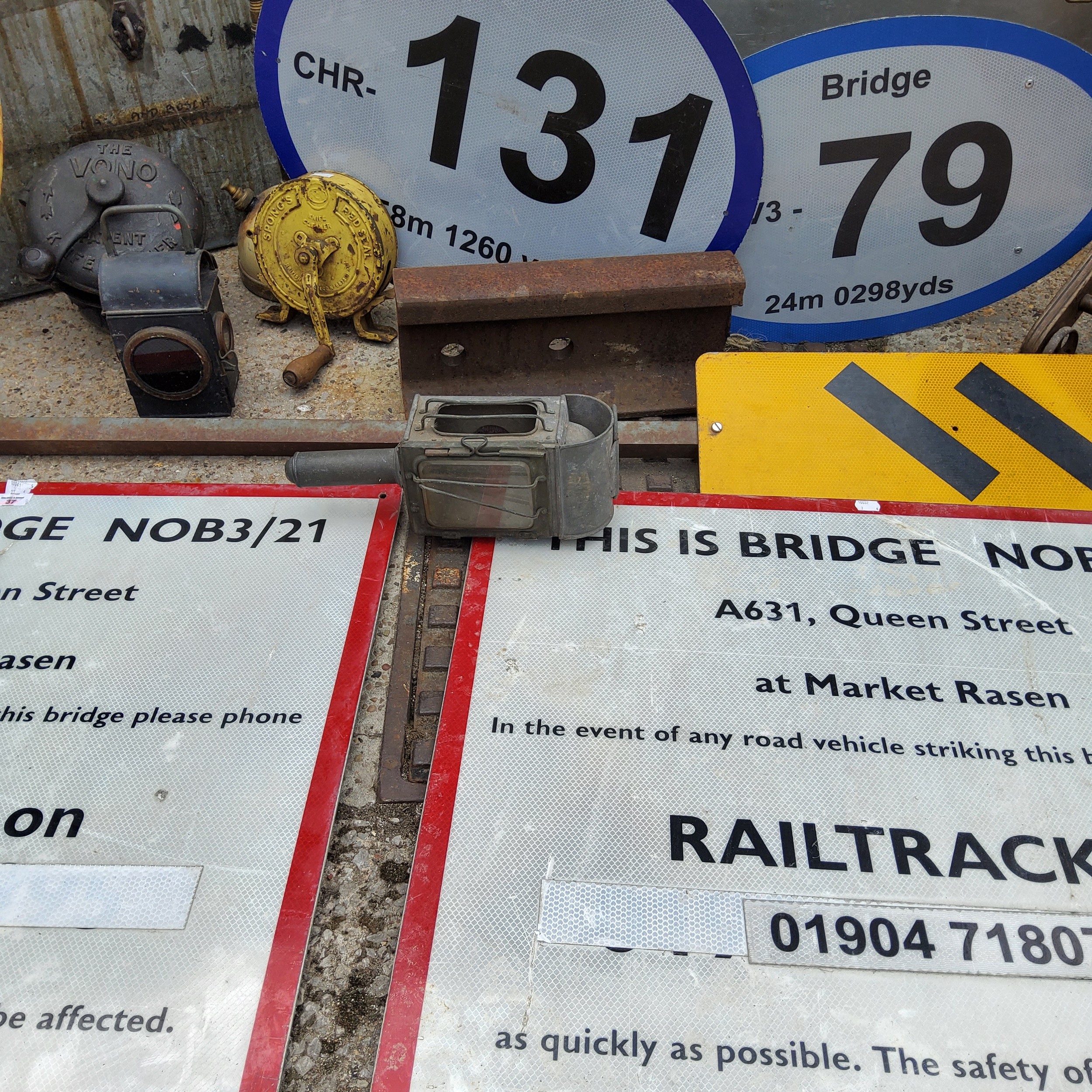 Salvage - two trunks; railway signs; section of railway track; Victorian child's high chair; knife - Image 5 of 5