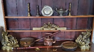 Metalware - a 19th century French brass fireguard; Victorian pewter teapot, Victorian copper teapot,