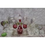 Glassware including a German Lausitzer cranberry glass decanter and two hock glasses; another four