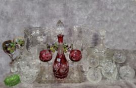 Glassware including a German Lausitzer cranberry glass decanter and two hock glasses; another four