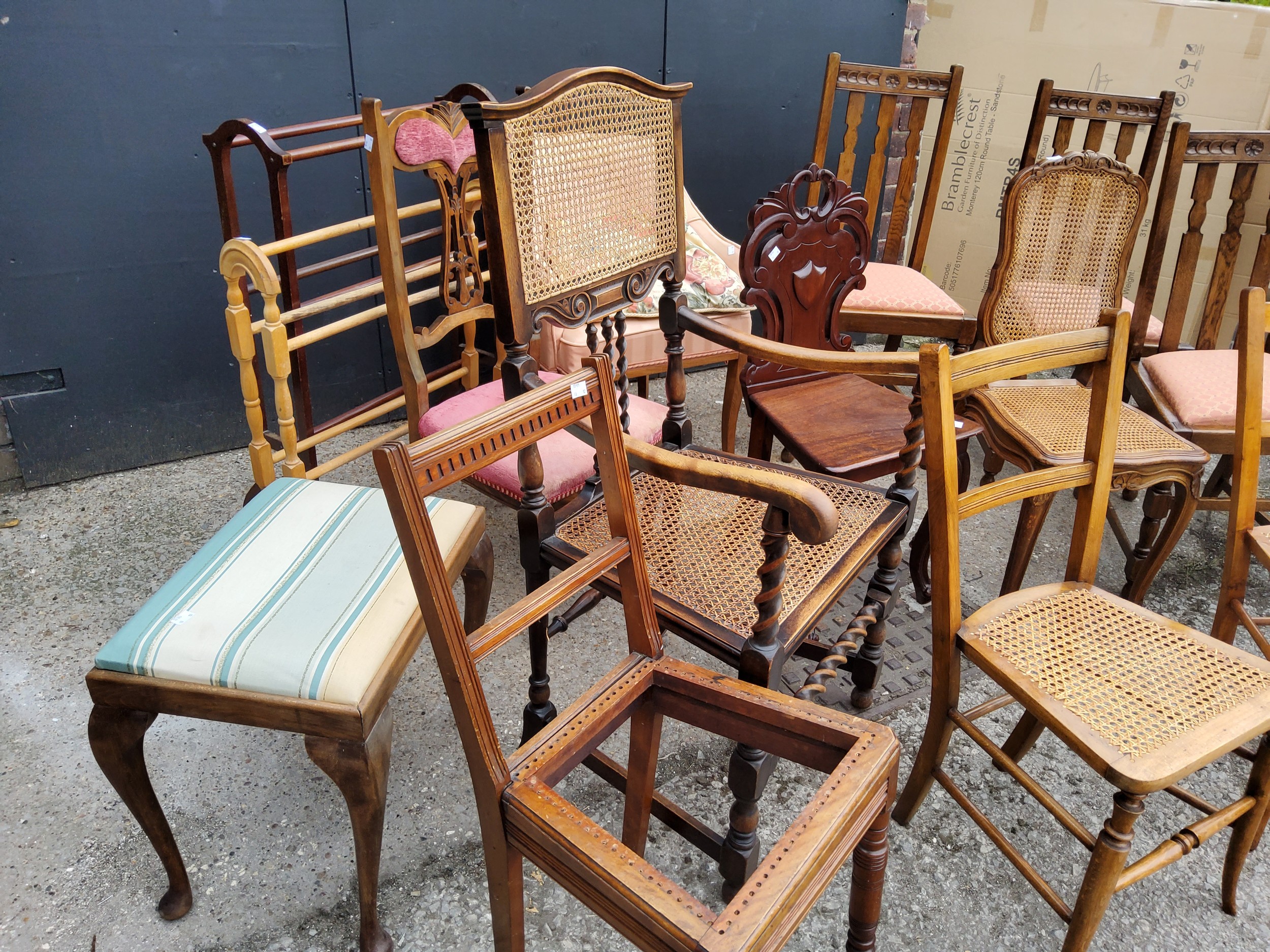 Harlequin set of chairs, footstool and towel racks, including a Victorian mahogany hall chair, - Image 3 of 4