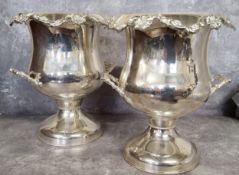 A pair silver plated two handled campana shaped champagne coolers 32cms high
