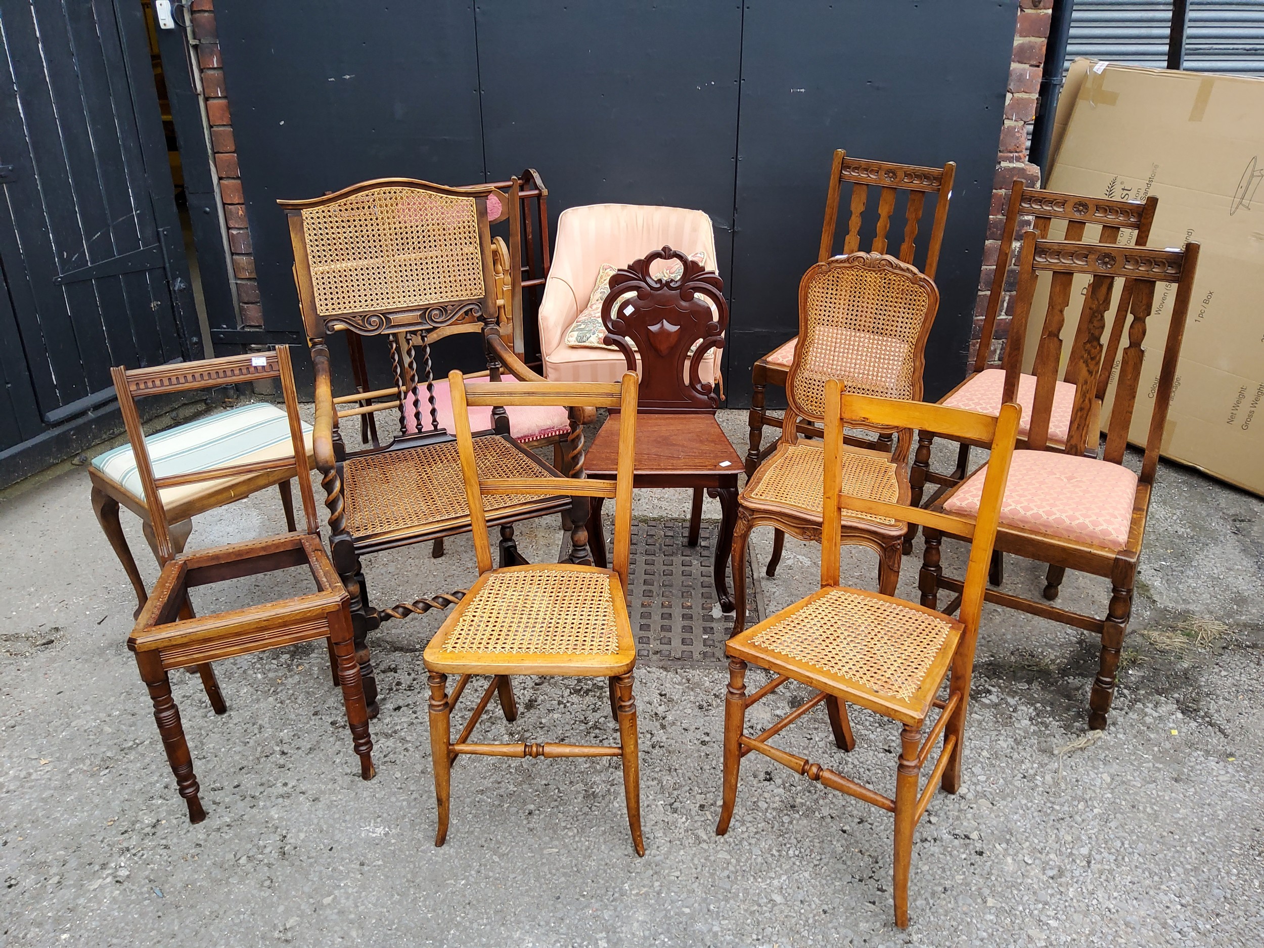Harlequin set of chairs, footstool and towel racks, including a Victorian mahogany hall chair,