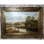 A 20th century oil on canvas, Cattle by the River, unsigned, substantial gilt frame 60 x 90cms