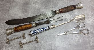 An early Walker & Hall silver mounted stag antler carving set comprising knife & fork; a John