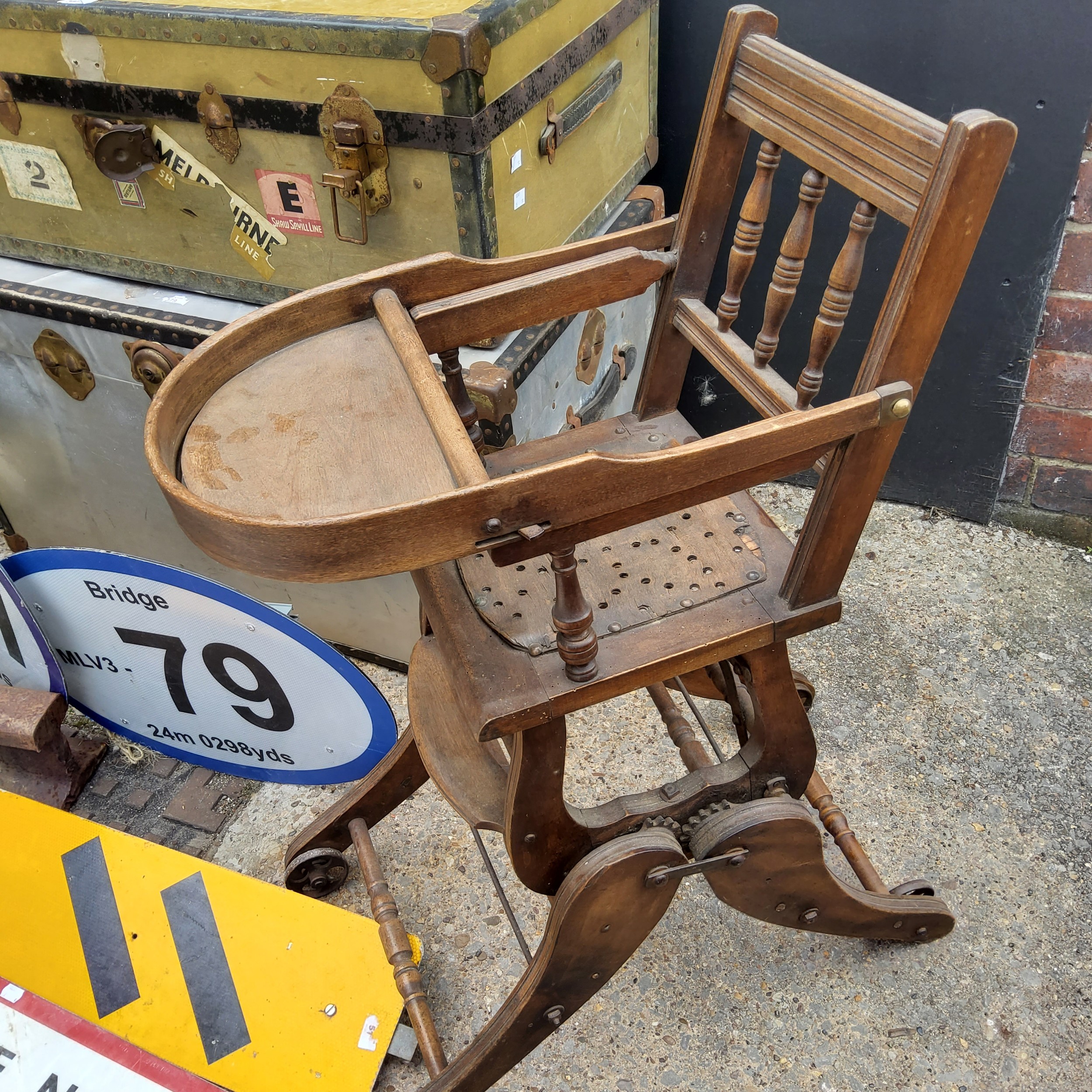 Salvage - two trunks; railway signs; section of railway track; Victorian child's high chair; knife - Image 2 of 5