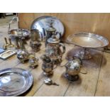 Silver plate including a tazza, gallery try, Viners coffee & tea pots, creamer, sugar bowl, a Joseph