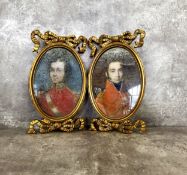 A near pair of oilographs depicting a Regency British Red Coat and Napoleonic officer in matching