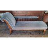 A Victorian walnut chaise lounge, duck egg blue upholstery c.1880