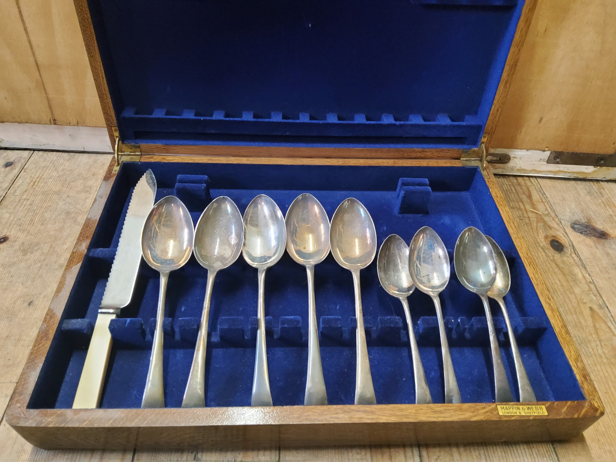 A Mappin and Webb canteen of Old English pattern cutlery for six, blue faux crocodile canteen; - Image 3 of 3