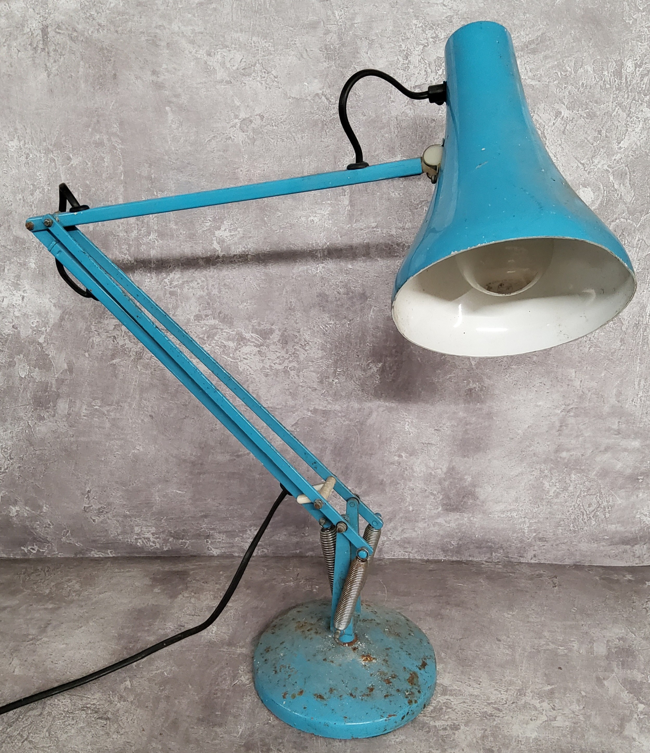 Salvage - a turquoise anglepoise type lamp, weighted base