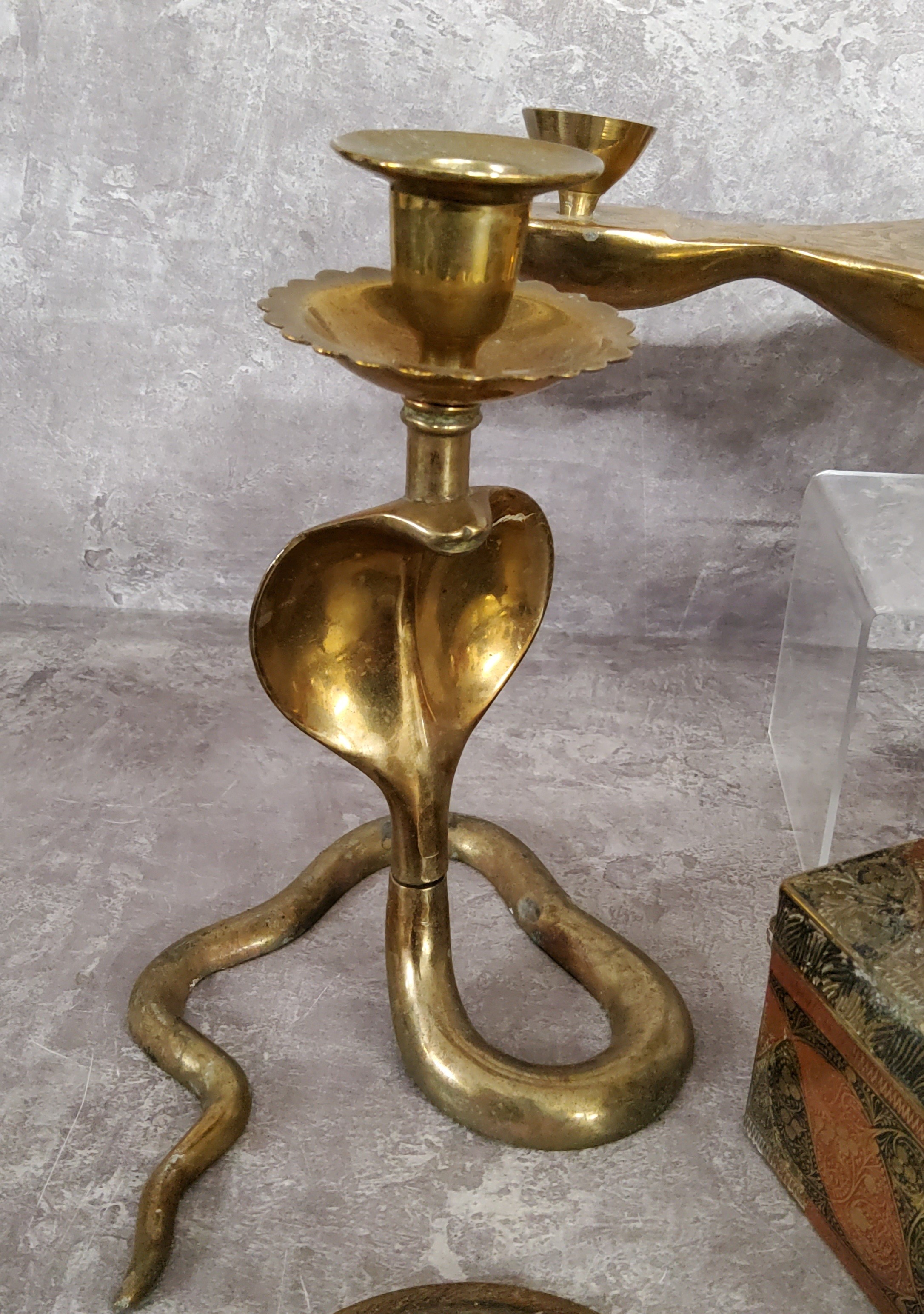 Metalware - a pair of Middle Eastern brass candlesticks in the form of King cobra snakes; oil - Image 2 of 3