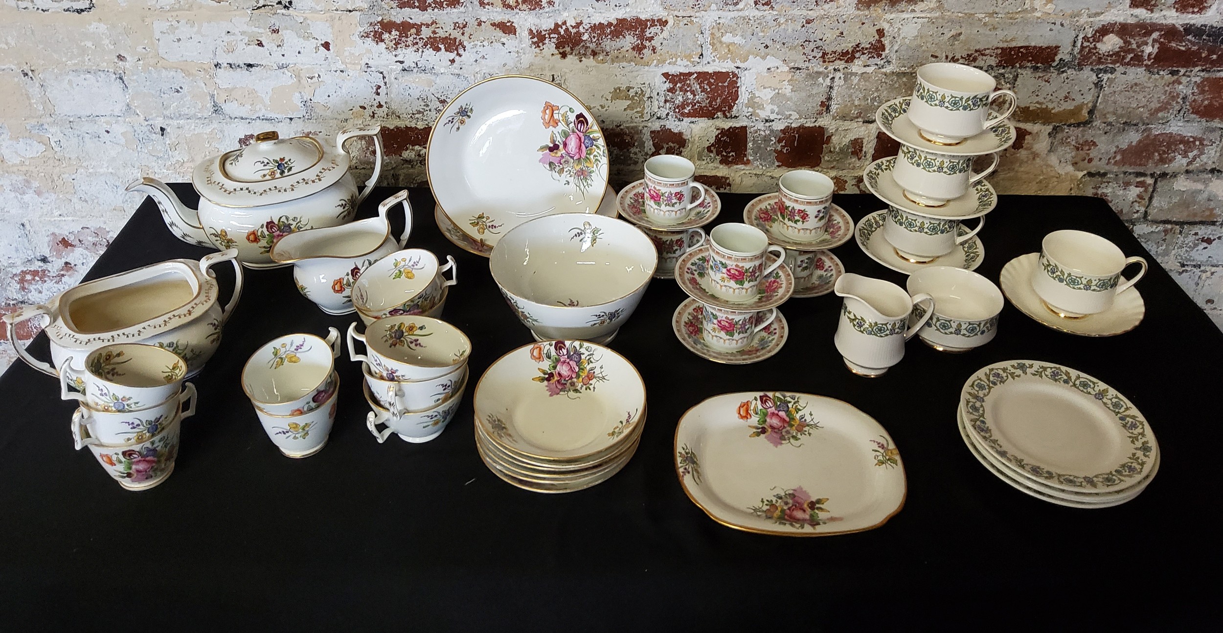 Victorian English tea set, hand painted over transfer with wildflower pattern including 5 tea and
