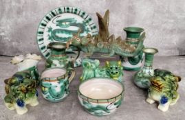 A Tintagel Pottery studio pottery dragon and Dragon pattern cabinet plates, vases,etc