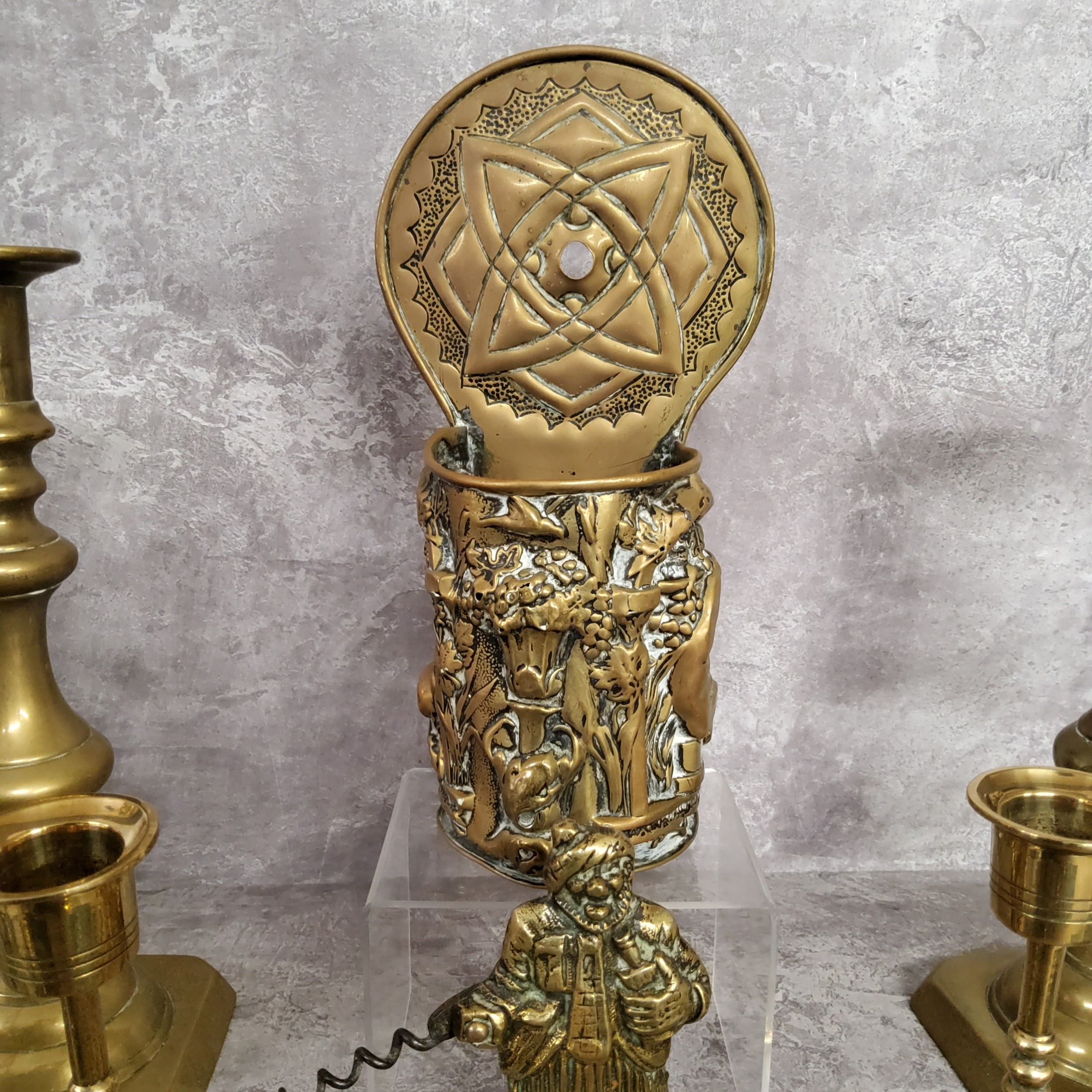 A pair of 19th century brass candlesticks the bases in the form of butterflies; a pair brass ejector - Image 2 of 5