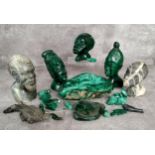 Various malachite carvings including a one piece ashtray, African busts, tree frog, birds,etc; other