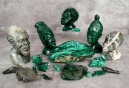 Various malachite carvings including a one piece ashtray, African busts, tree frog, birds,etc; other