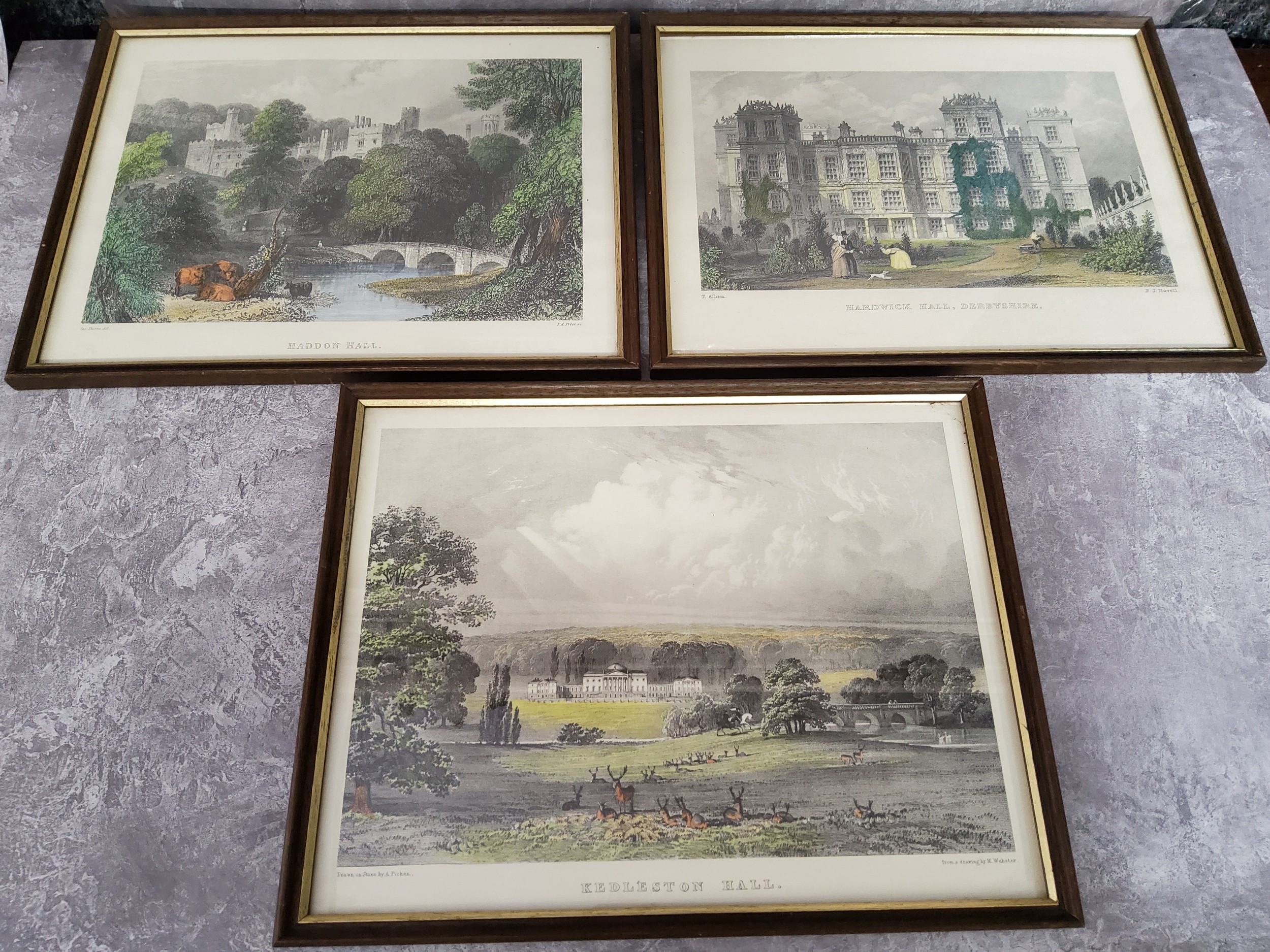 Six 19th century hand tinted lithographs of Derbyshire estates including Chatsworth House, - Image 3 of 4