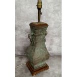 A substantial Chinese archaic bronze temple vase converted to lamp base, 54cm high