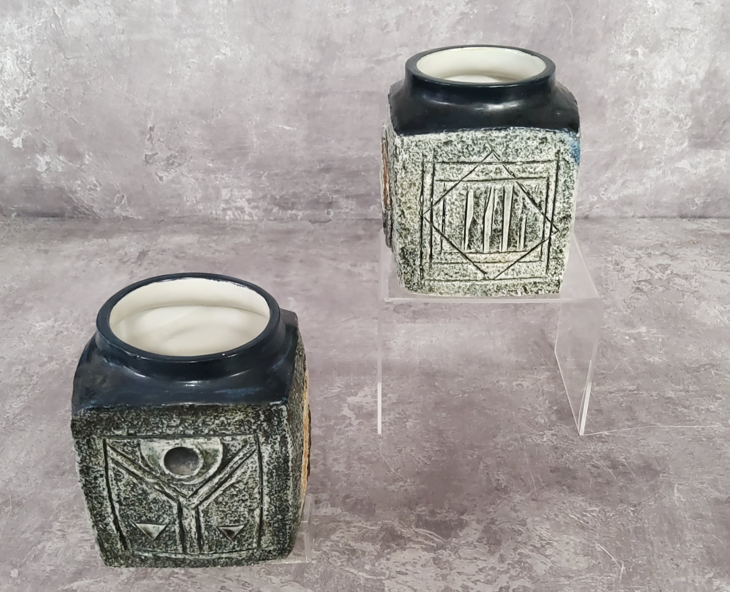 A pair of Troika Pottery marmalade pots decorated by Linda Hazel with incised and painted abstract - Image 6 of 6