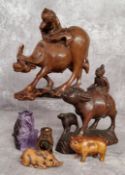 Oriental Objects - A Chinese carved amethyst or quartz monkey; Japanese netsuke in the form of a