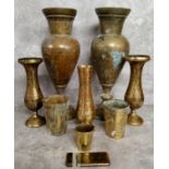 A pair of Middle Eastern vases, chased with kashmiri type decoration; goblets; spill vases, etc. The