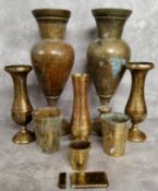 A pair of Middle Eastern vases, chased with kashmiri type decoration; goblets; spill vases, etc. The