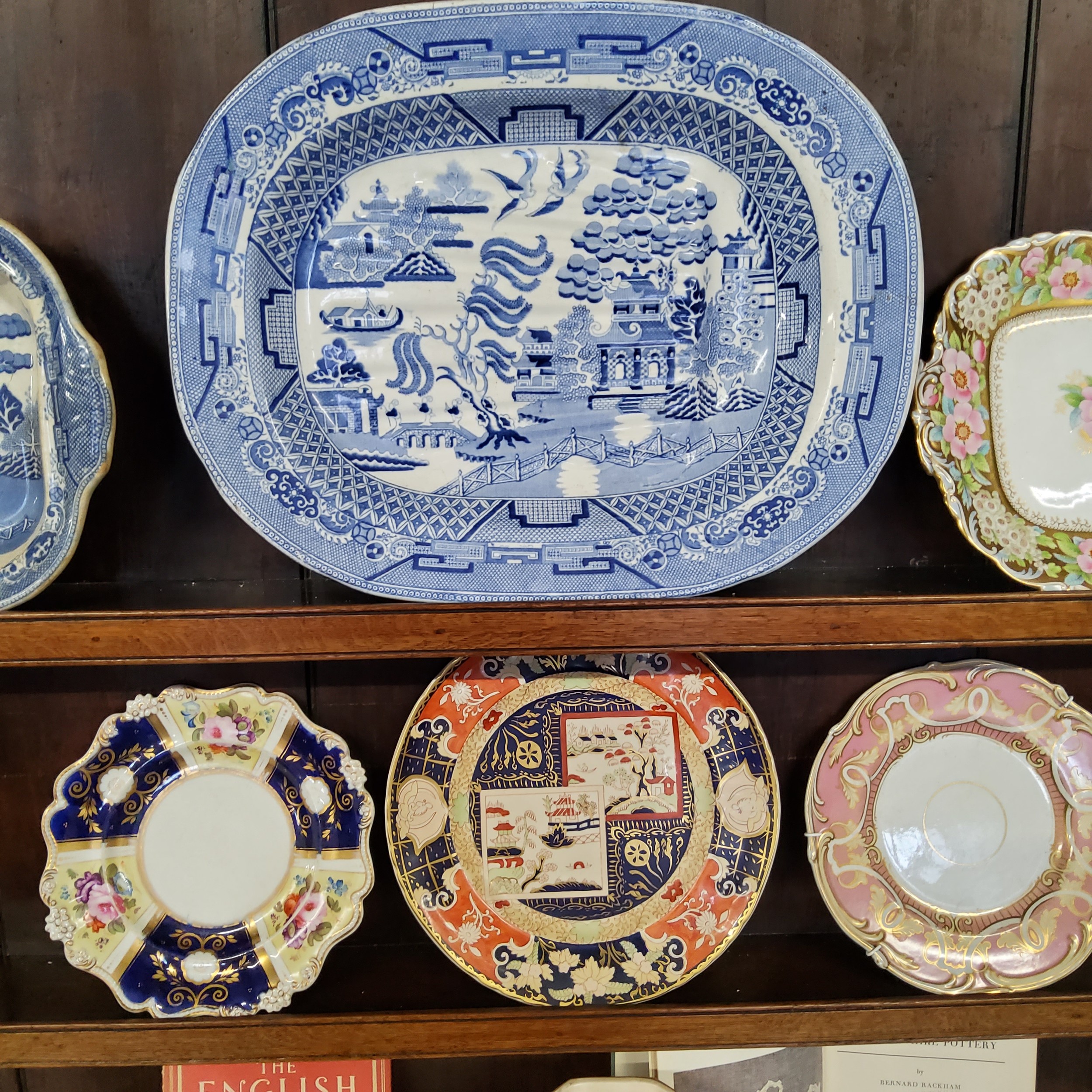 A large Victorian blue and white Real Old Willow pattern meat plate; Leeds creamware coral basket; - Image 3 of 7