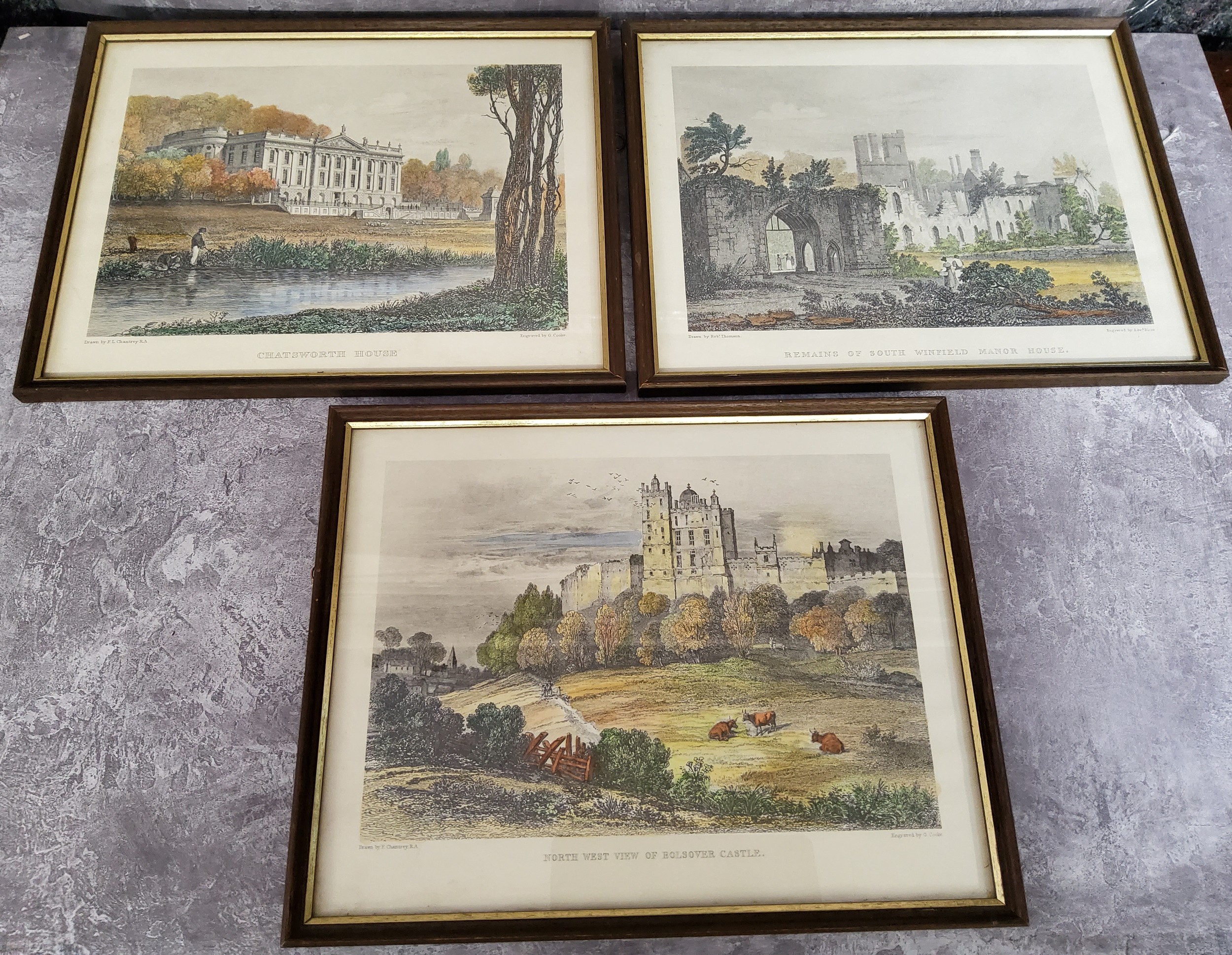 Six 19th century hand tinted lithographs of Derbyshire estates including Chatsworth House, - Image 4 of 4