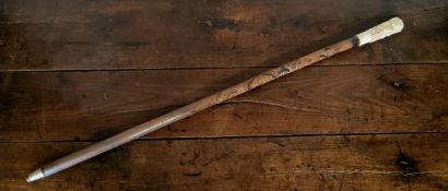 A signed Meiji Period Japanese walking cane, the novelty carved bone pommel carved as a Samurai