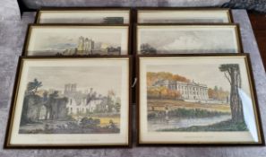 Six 19th century hand tinted lithographs of Derbyshire estates including Chatsworth House,