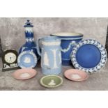 Decorative Ceramics- Wedgwood Jasperware including a basalt mantel clock; globe and stem ewer; water