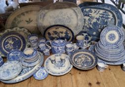 Blue & White Ceramics - three substantial Victorian meat plates, including a Real Old Willow pattern