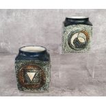 A pair of Troika Pottery marmalade pots decorated by Linda Hazel with incised and painted abstract