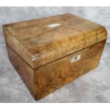 A Victorian burr walnut workbox with vacant mother of pearl cartouche, silk velvet interior 31cm w x