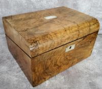 A Victorian burr walnut workbox with vacant mother of pearl cartouche, silk velvet interior 31cm w x