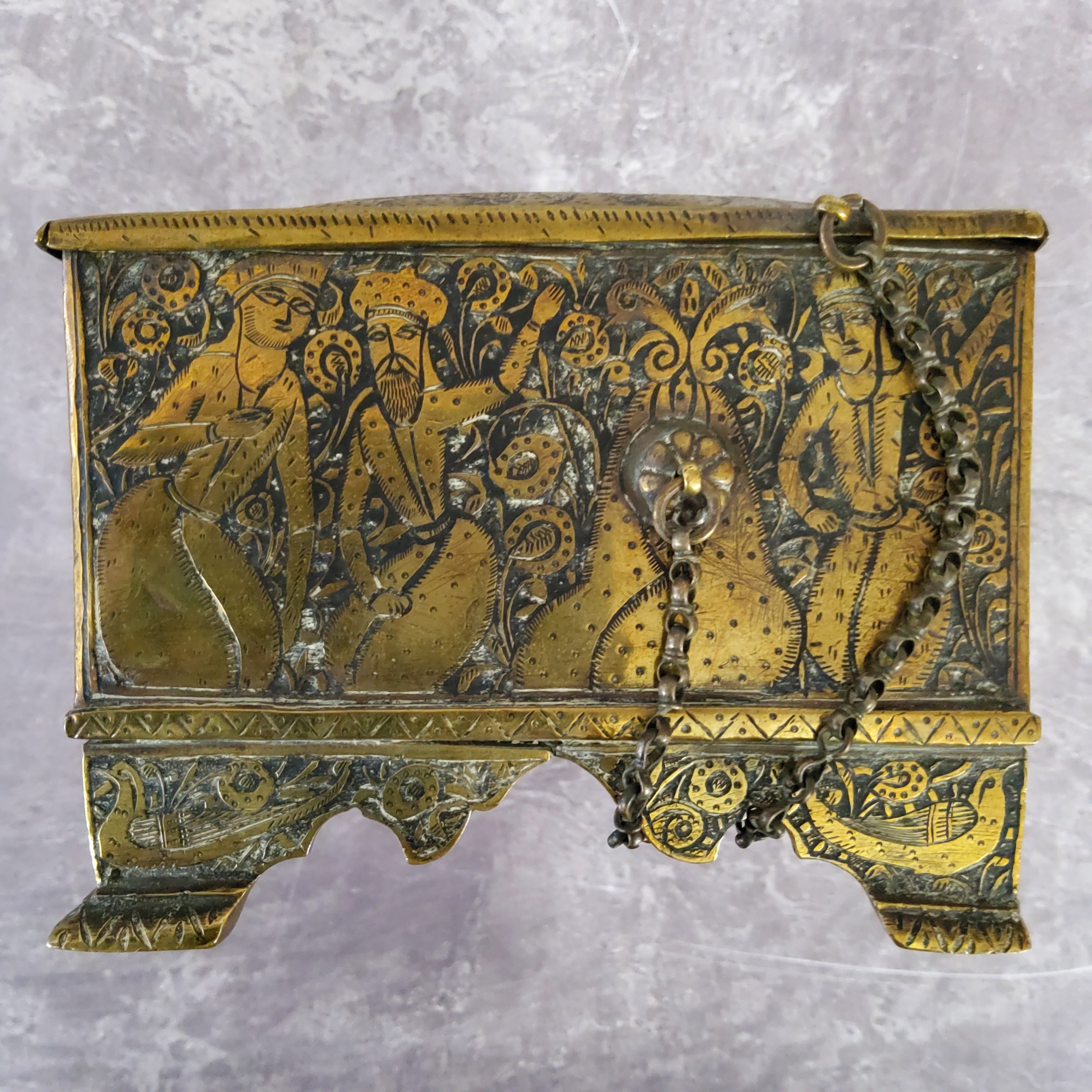 A 19th century Persian casket, profusely chased with mythical beasts, Kings and Queens ( - Image 3 of 5