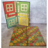 A Burnett Limited, Birmingham tinplate Ludo game board; another Snakes & Ladders (2)