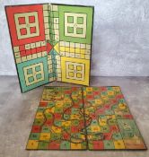 A Burnett Limited, Birmingham tinplate Ludo game board; another Snakes & Ladders (2)