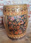 A Japanese satsuma garden seat decorated with samurai warriors and gold geometric borders. Height