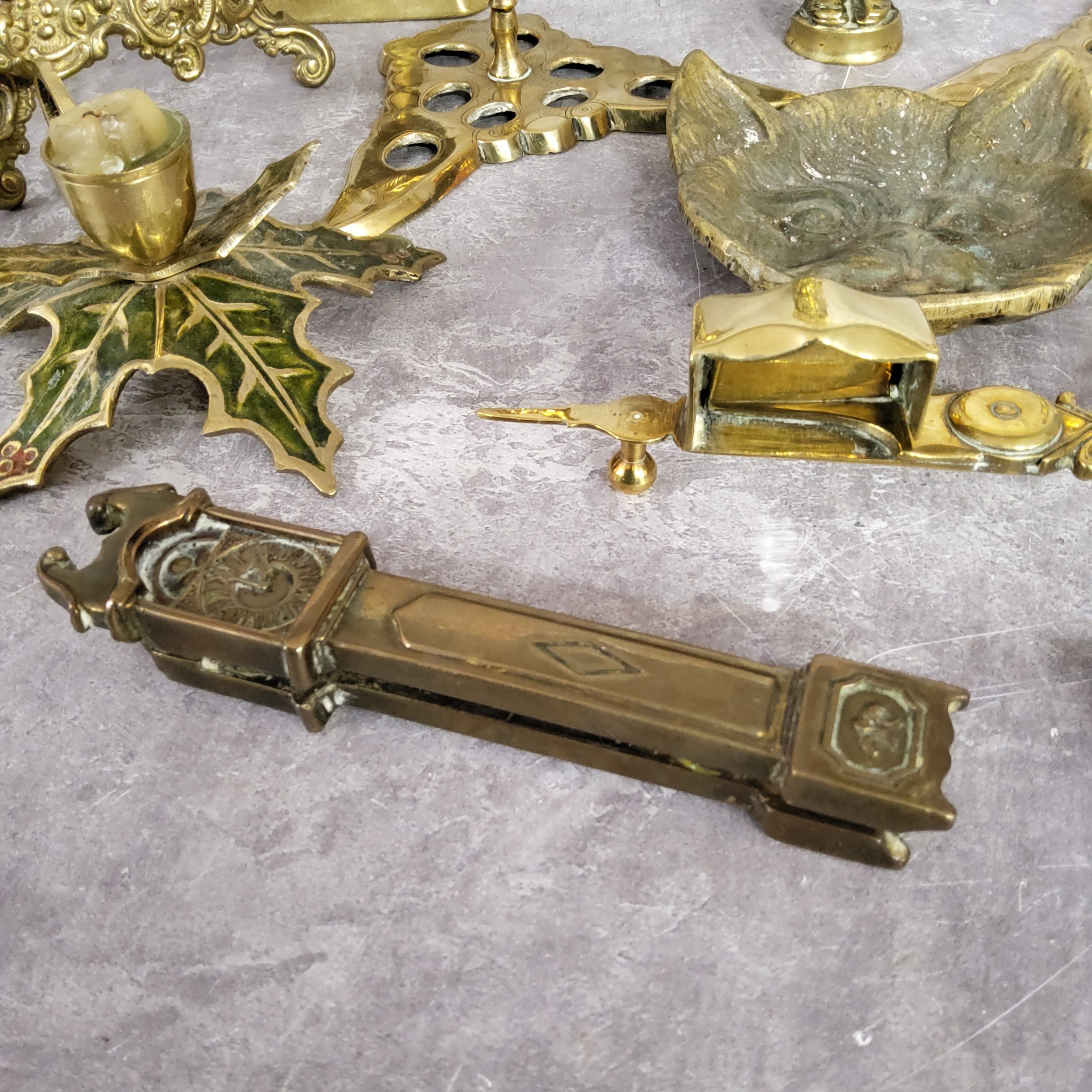 A pair of 19th century brass candlesticks the bases in the form of butterflies; a pair brass ejector - Image 4 of 5