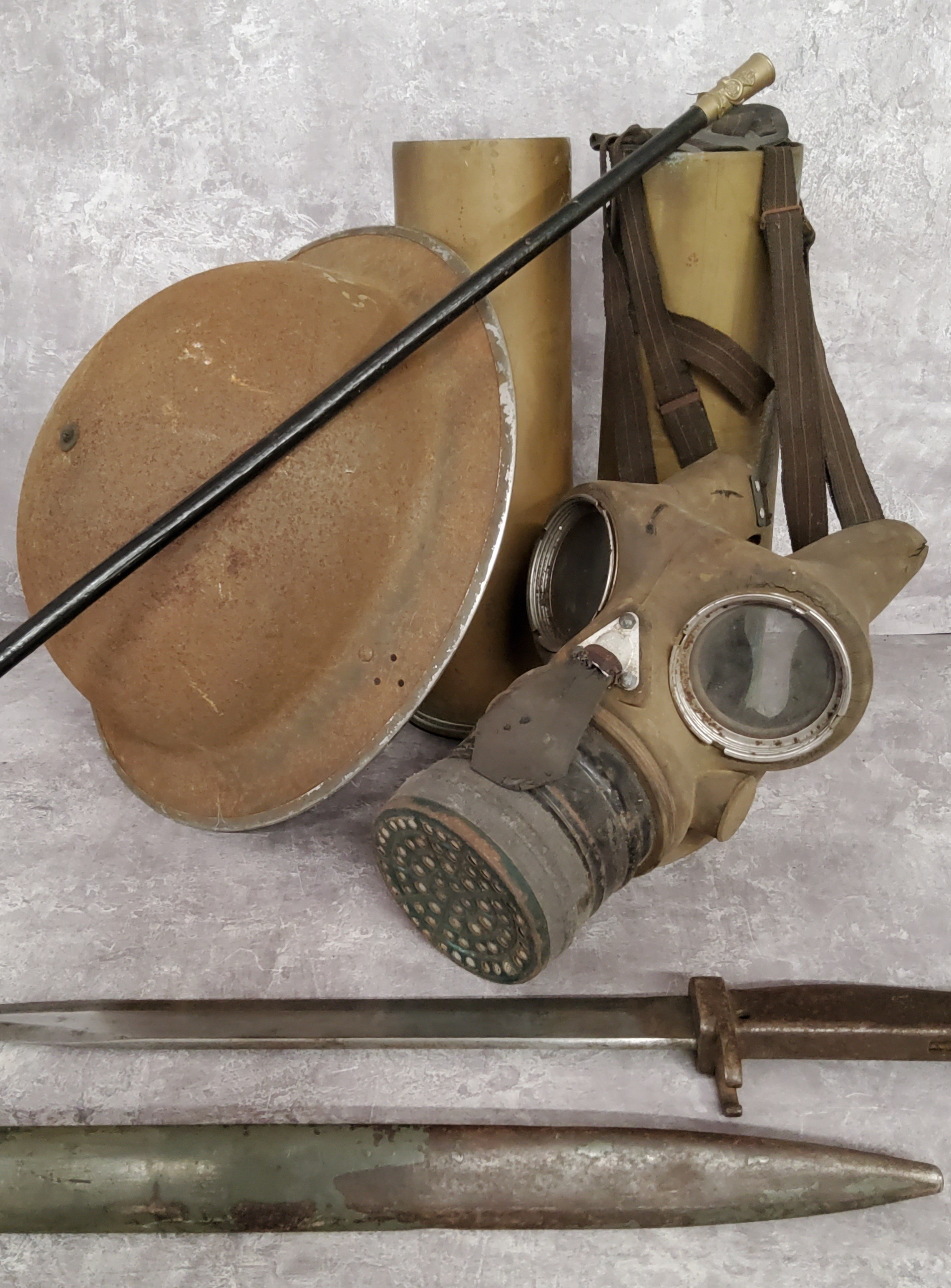 Militaria - A Kings Own Yorkshire Regiment swagger stick; bayonet with metal sheath; two artillery