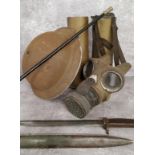Militaria - A Kings Own Yorkshire Regiment swagger stick; bayonet with metal sheath; two artillery