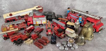 An STI, Hong Kong tinplate friction drive Fire Truck, spring loaded ladder and 3 x standing firemen,