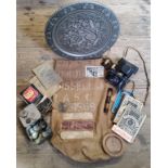 A WWI military canvas bag; coinage;vintage cameras, OXO advertising tin; etc qty
