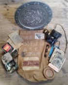 A WWI military canvas bag; coinage;vintage cameras, OXO advertising tin; etc qty