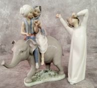 Lladro gloss finish porcelain figurine of Indian children seated on an elephant; another Bedtime