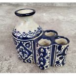 Far Eastern tin glazed inkwell desk tidy, possibly Moroccan