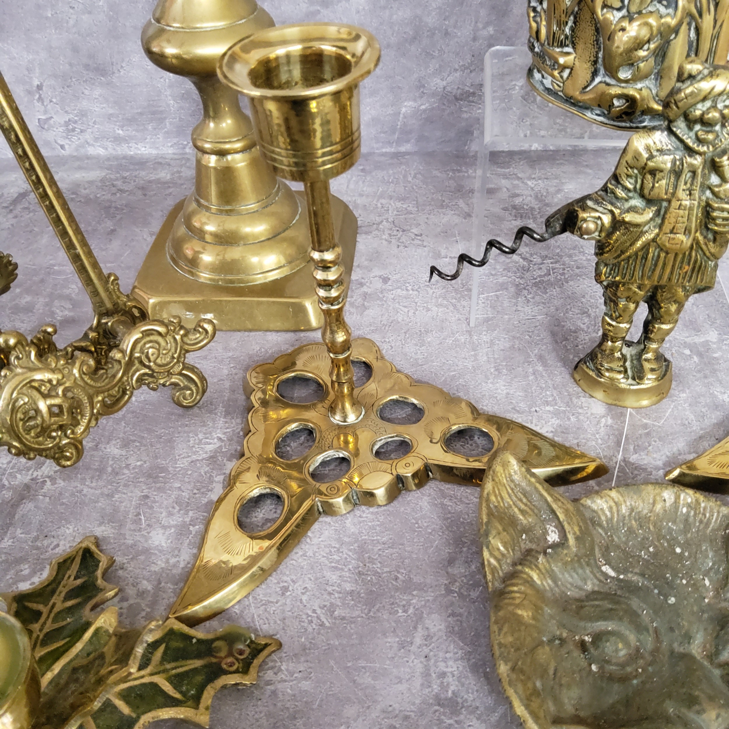 A pair of 19th century brass candlesticks the bases in the form of butterflies; a pair brass ejector - Image 3 of 5